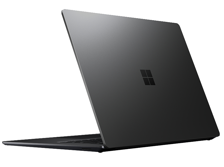 Schwarzer Laptop mit dem Microsoft-Logo. Der Laptop ist geschlossen und zeigt die Rückseite.