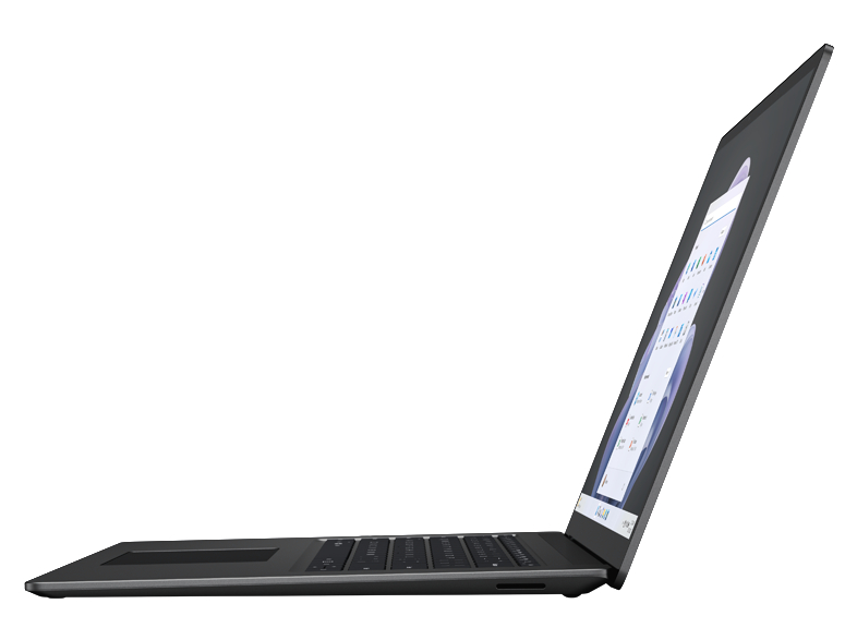 Laptop im Profil, schwarz, geöffnet, zeigt einen Bildschirm mit weißer Oberfläche, weißer Hintergrund.