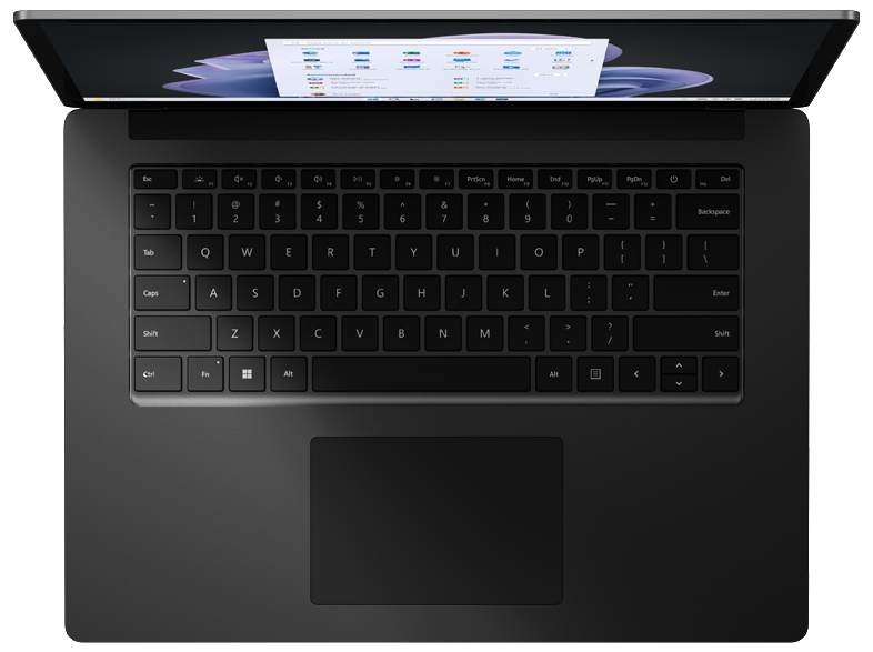 Ein Laptop von oben. Die Tastatur ist schwarz und der Bildschirm ist geöffnet und zeigt Fenster.
