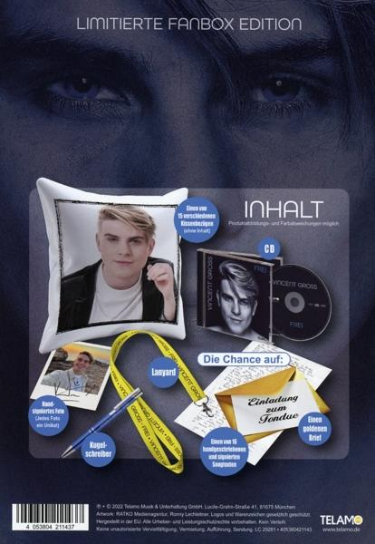 Eine Fanbox mit Kissen, CD, Schlüsselband, Stift und Brief mit Foto von Vincent Gross.