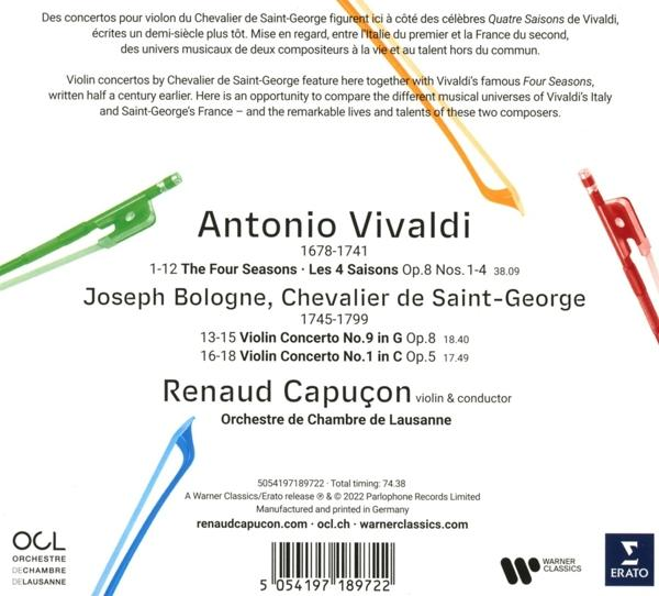 Rückseite einer CD-Hülle mit Text über Vivaldi, Geige und Bogen und einem Warner Classics-Logo.