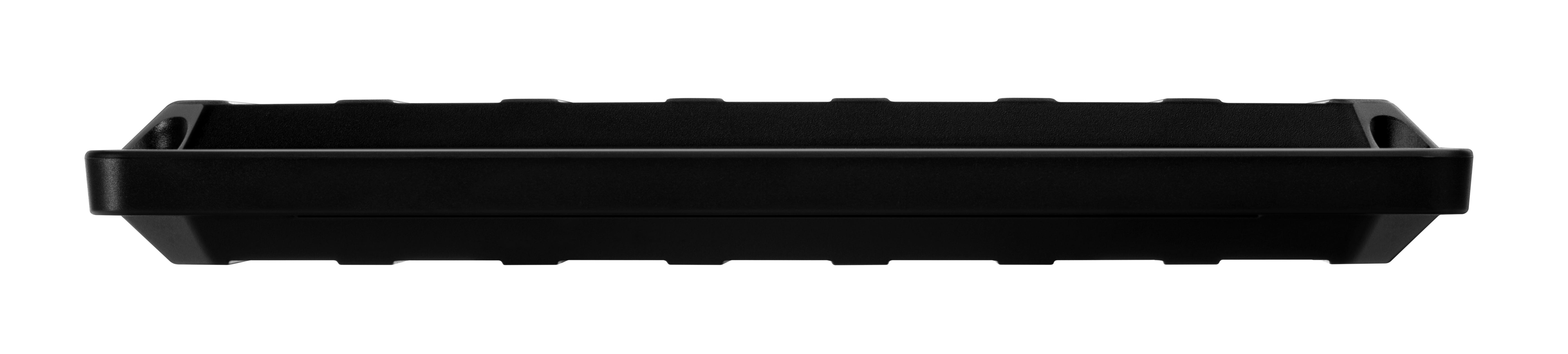 Eine lange, schwarze, rechteckige Schale mit Griffen und matter Oberfläche.