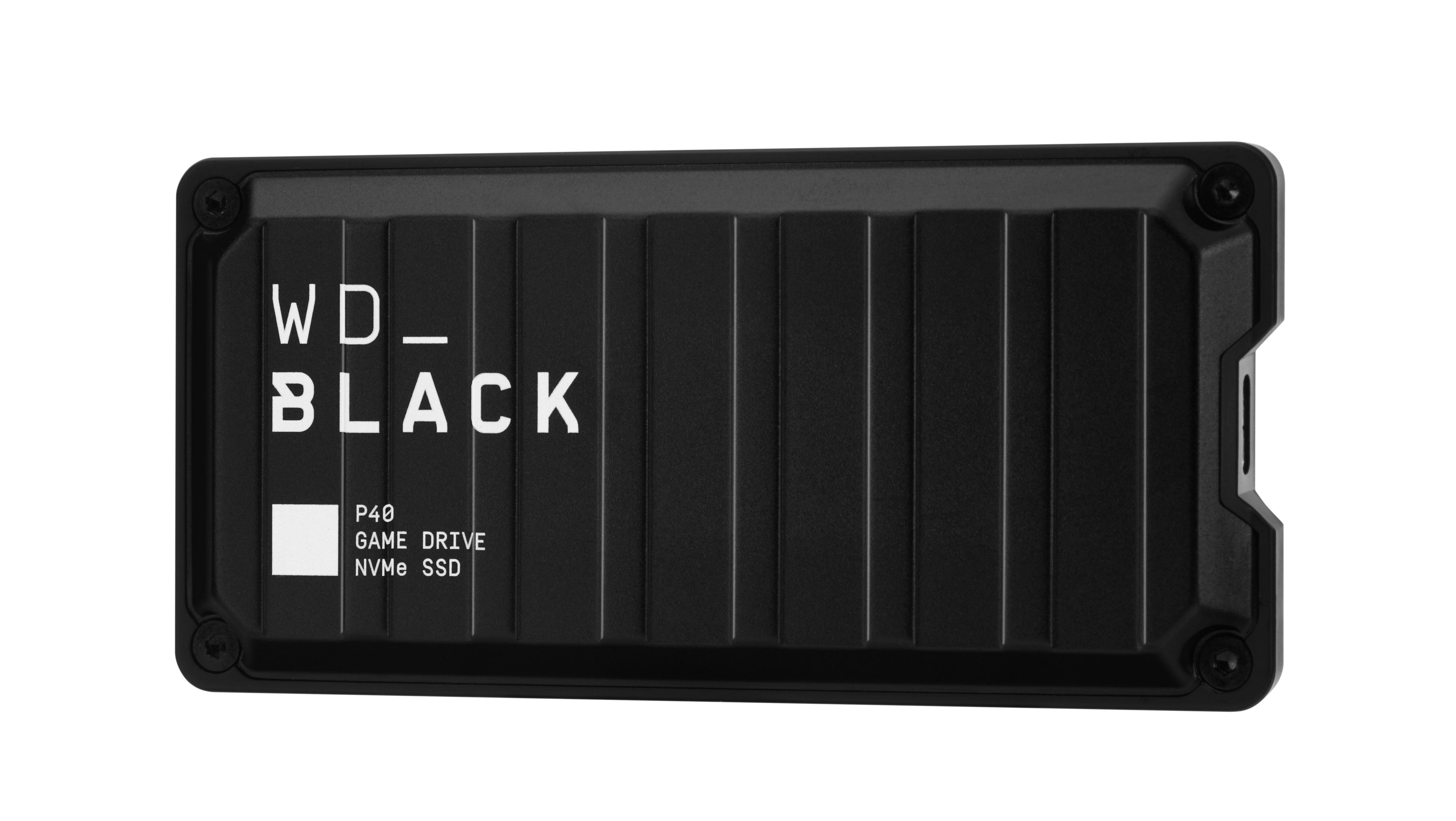 Schwarze WD_BLACK P40 GAME DRIVE SSD, eine rechteckige schwarze Festplatte mit sichtbarem Markennamen.