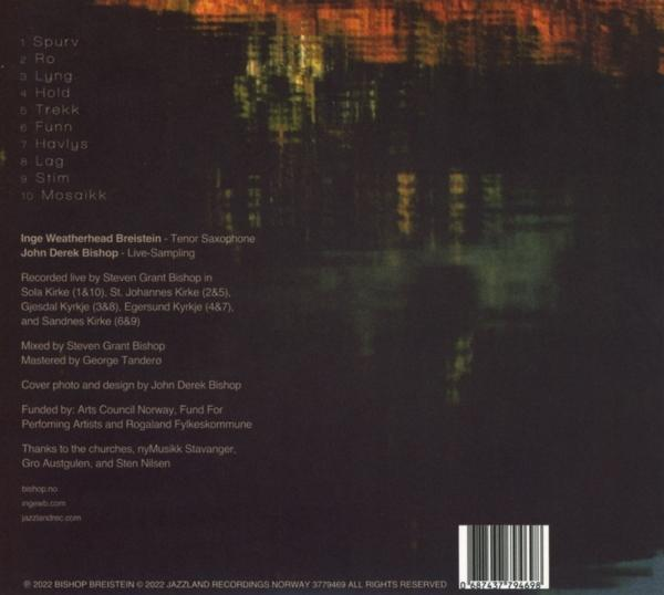 Rückseite eines CD-Covers mit Titelliste und Credits, vor verschwommenem, farbenfrohem Hintergrund.