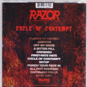 Die Rückseite eines Razor-Albums mit dem Titel 'Cycle of Contempt' und einem feurigen Hintergrund.
