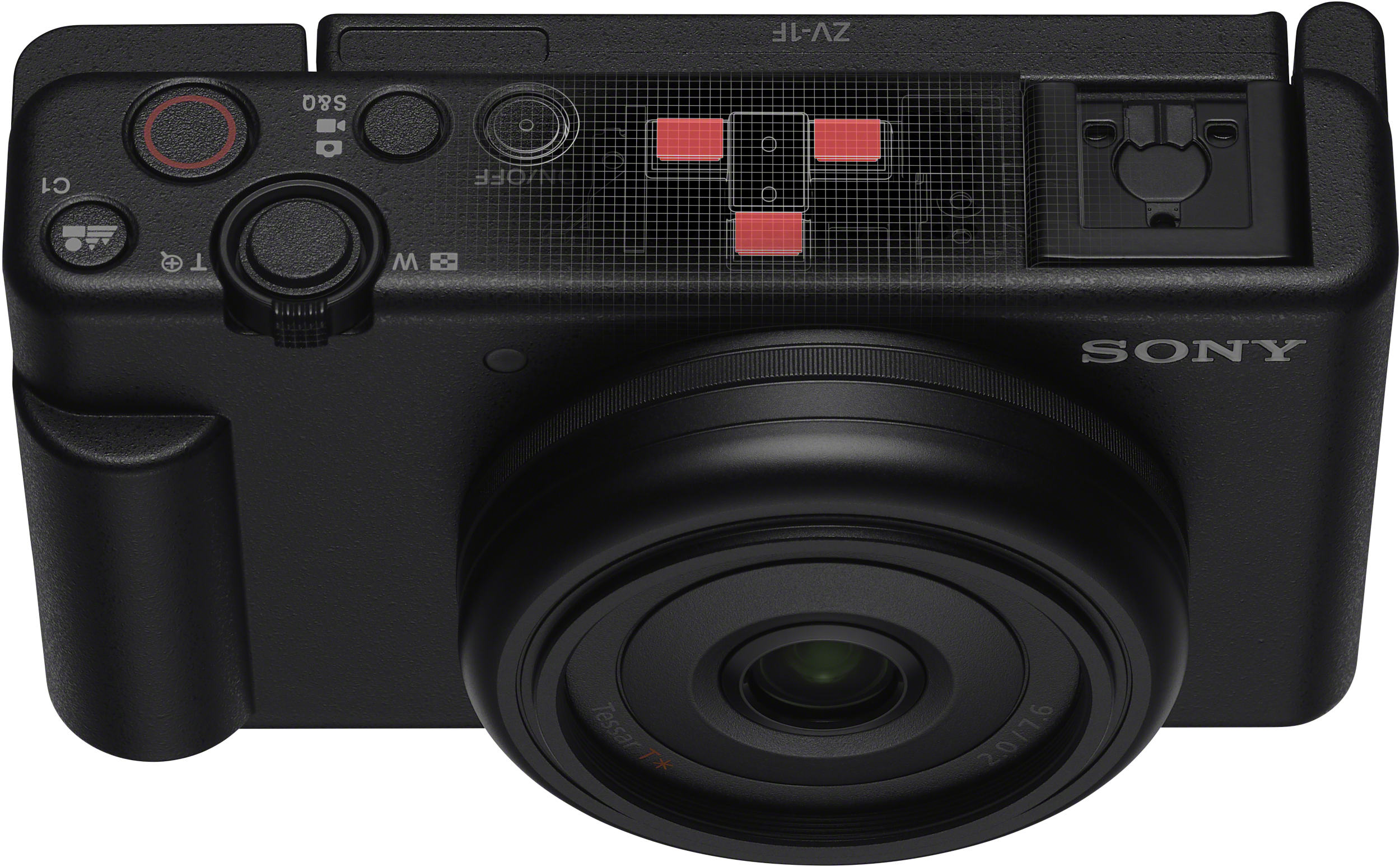 Schwarze Sony-Kamera, Draufsicht. Knöpfe und Objektiv sichtbar. Rote Fokusbereiche hervorgehoben.