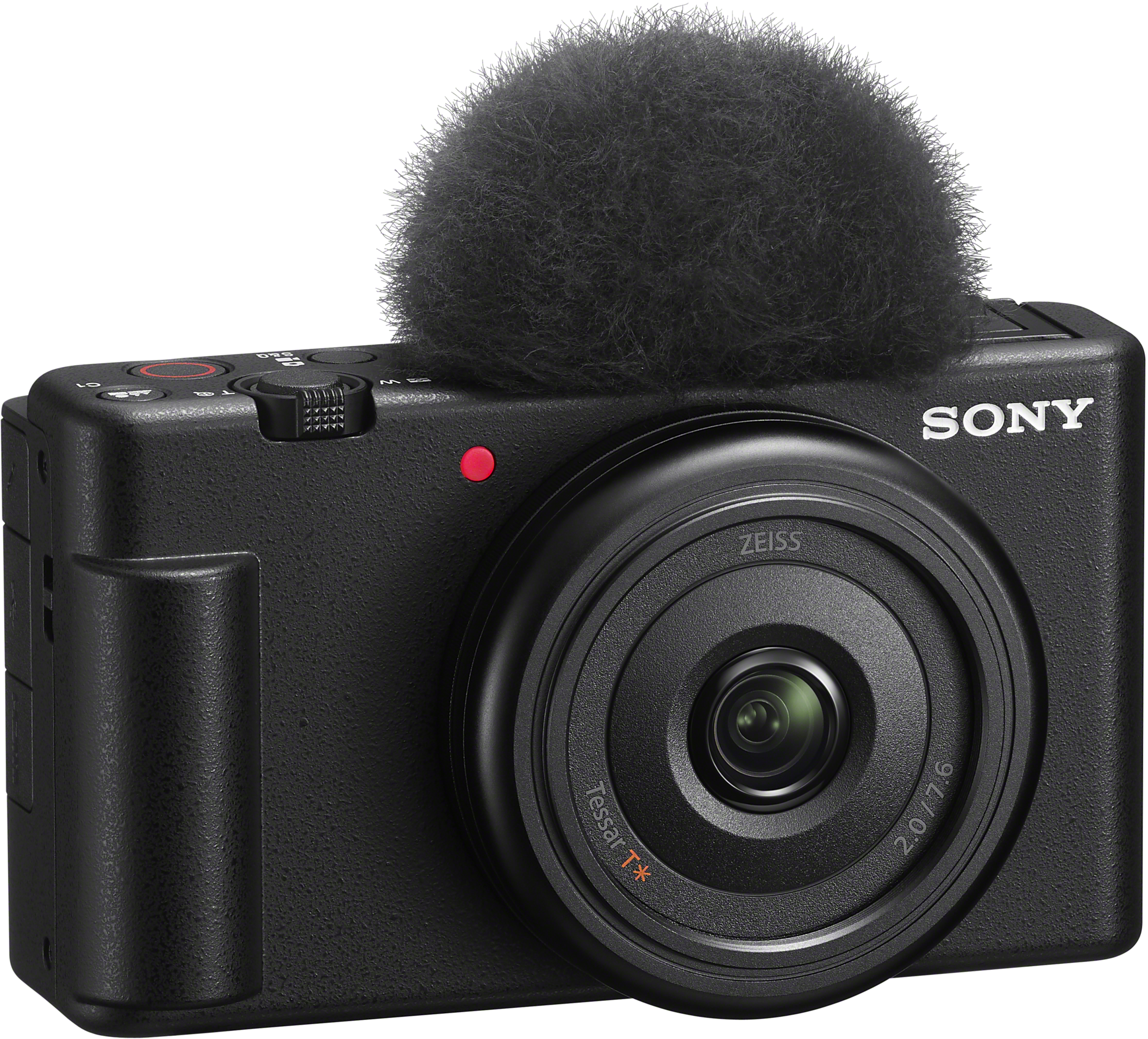 Schwarze Sony Kamera mit Mikrofon, Objektiv in der Mitte und rotem Licht oben.