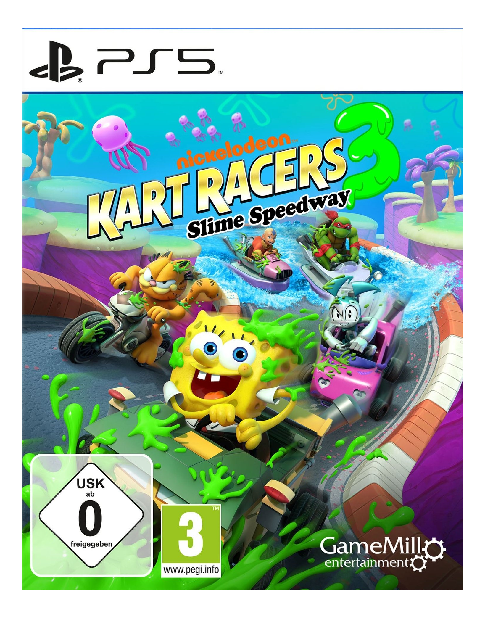 Spielcover: SpongeBob und Freunde in Karts, die auf einer Strecke mit Schleim und Logos fahren.