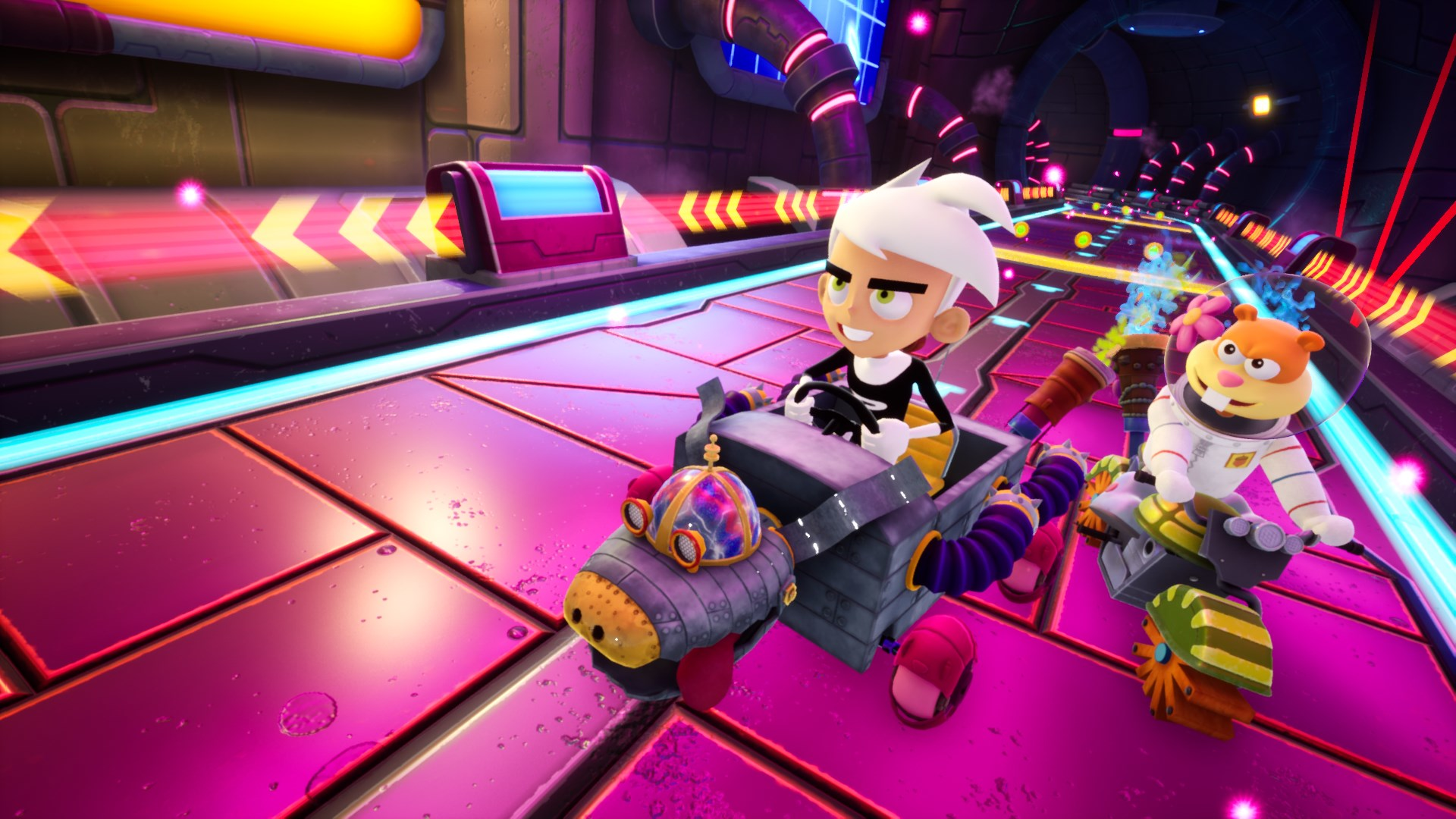 Ein Cartoon-Bild von Danny Phantom, der mit Sandy Cheeks ein Kart fährt.