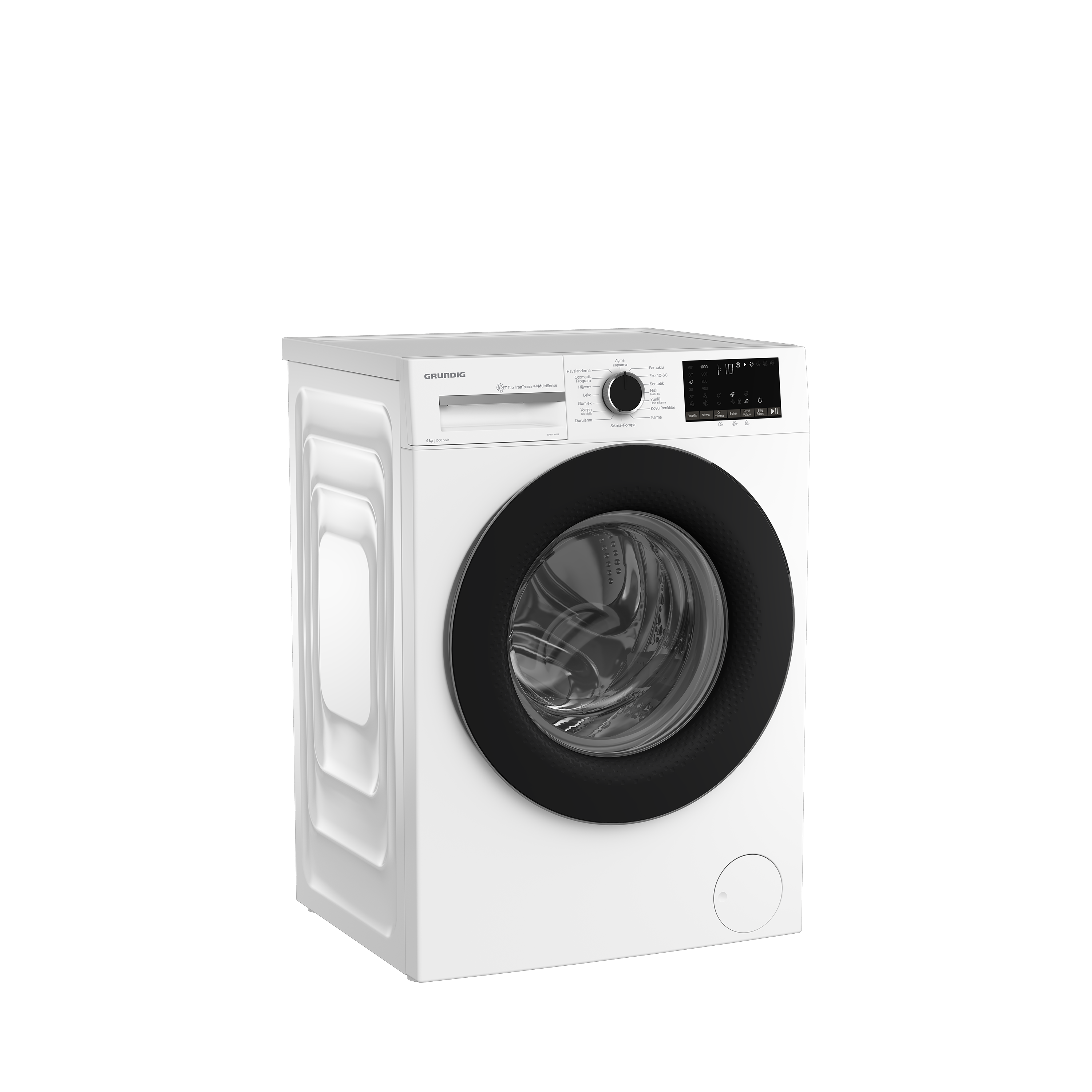 Beyaz Grundig çamaşır makinesi, siyah kapı, kontrol paneli. Siyah arka plan.