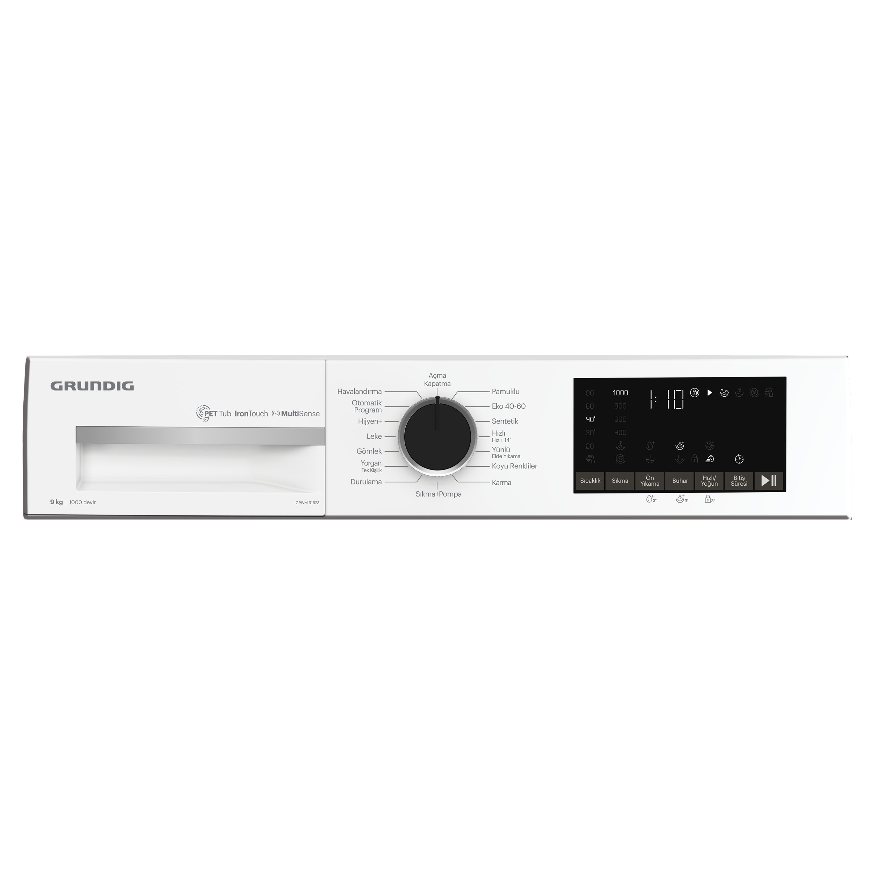 Beyaz Grundig çamaşır makinesi kontrol paneli, dijital ekran ve düğmeler.
