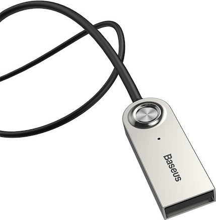 Un'unità USB argentata con un cavo nero. L'unità ha la parola 'Baseus'.