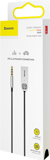 Scatola dell'adattatore audio Baseus con jack da 3,5 mm e adattatore wireless. Sfondo bianco.