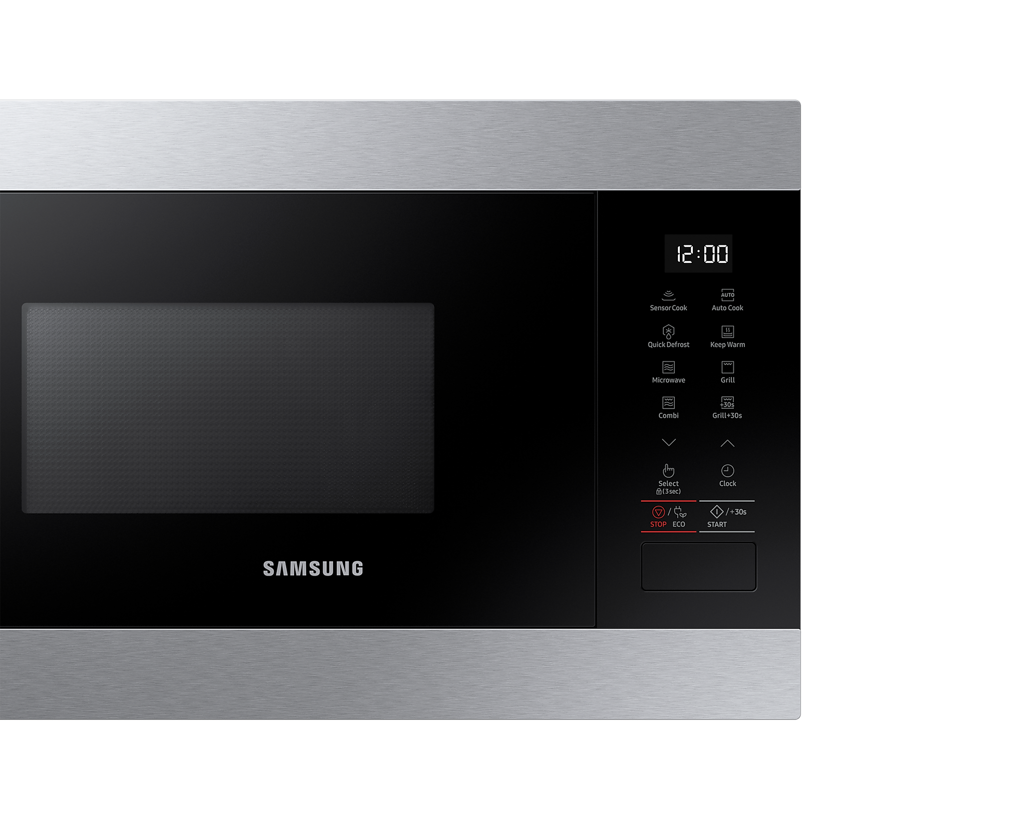 Samsung mikrohullámú sütő előlapja digitális órával és vezérlőgombokkal, fekete háttéren.