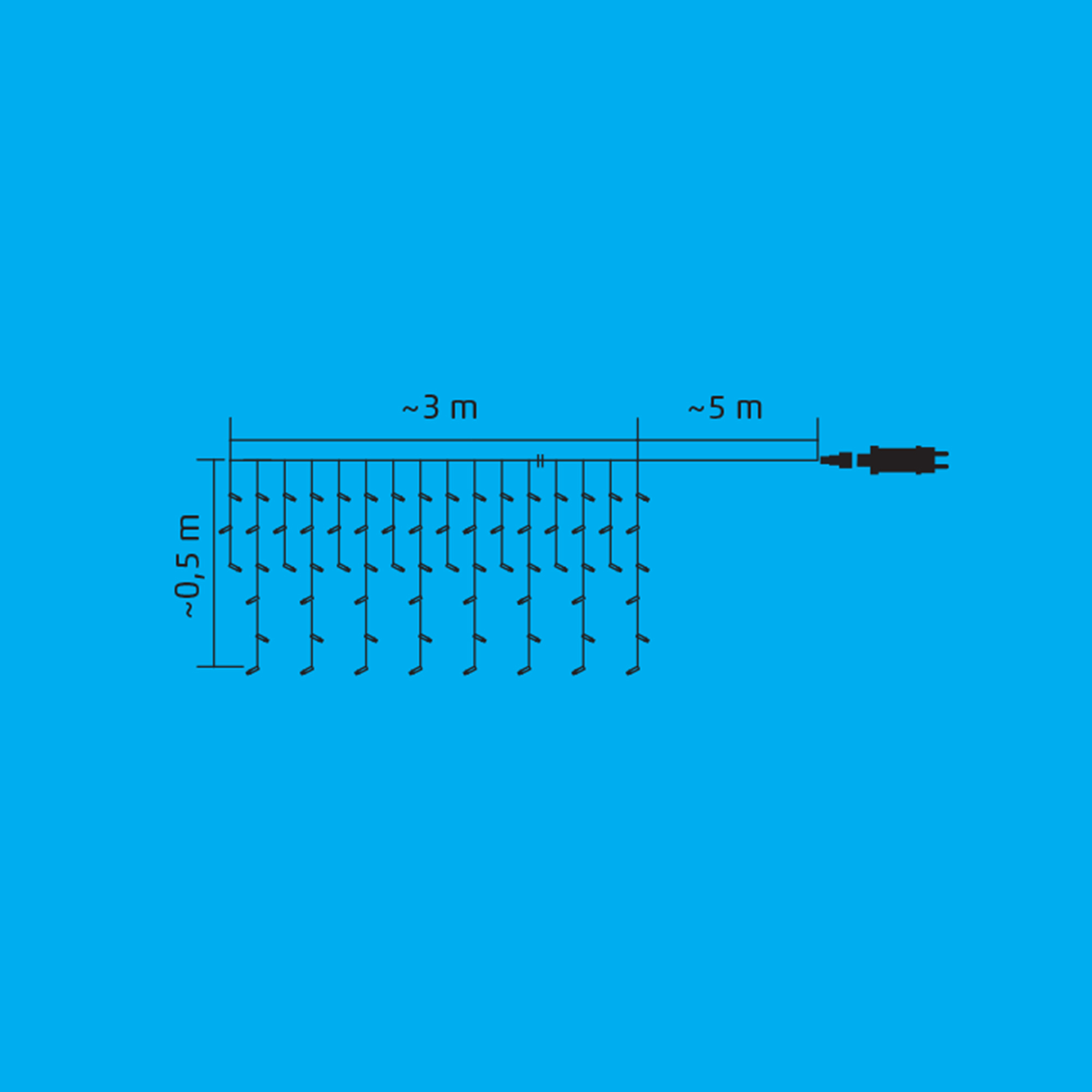 Egy diagram, amely egy füzérfényt mutat egy tápkábellel, a diagramon feliratozott mérésekkel.