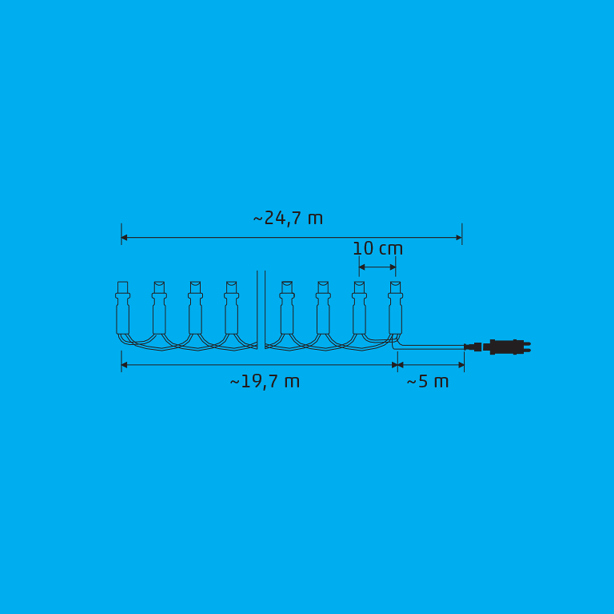 Fényfüzér diagramja. A méretek és a távolságok meg vannak adva.