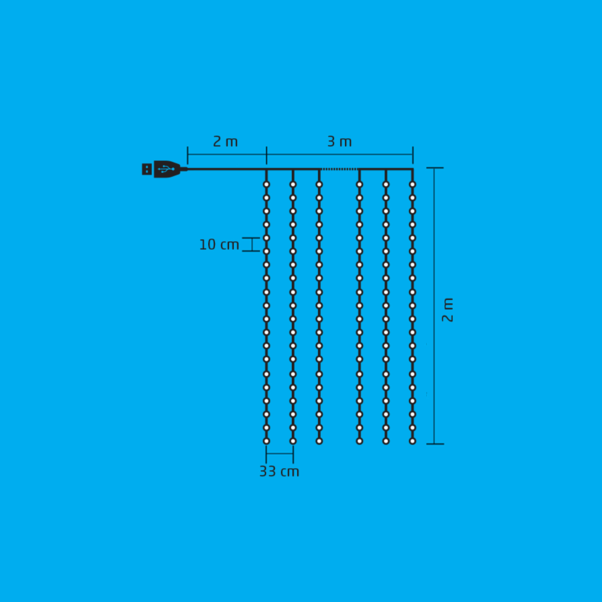 Függönyfény diagramja méretekkel: 2m széles, 3m tápkábel, 10cm távolság, 2m hosszú.