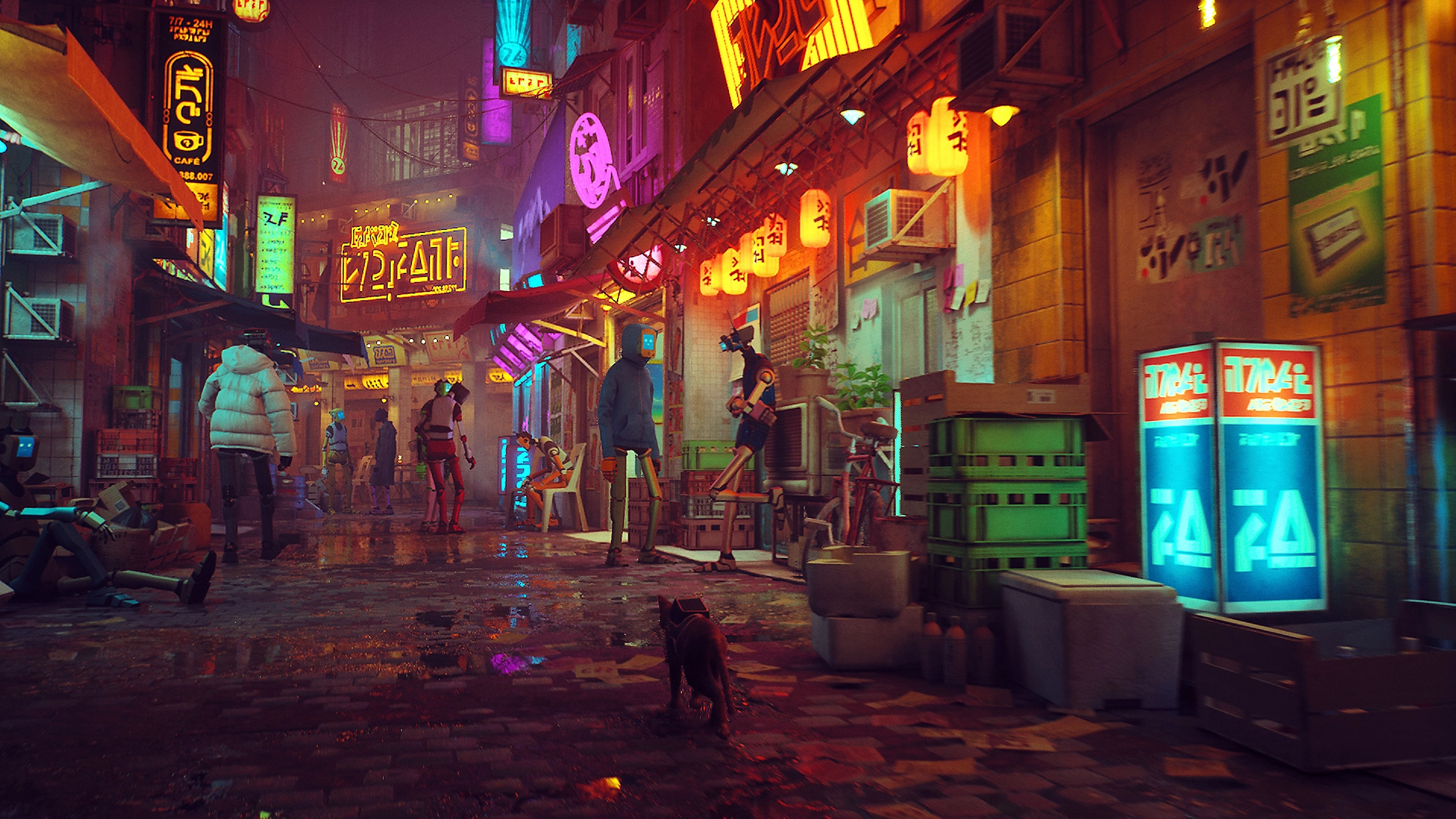 Eine neonbeleuchtete Straßenszene bei Nacht mit Menschen, Gebäuden und Schildern im Cyberpunk-Stil.