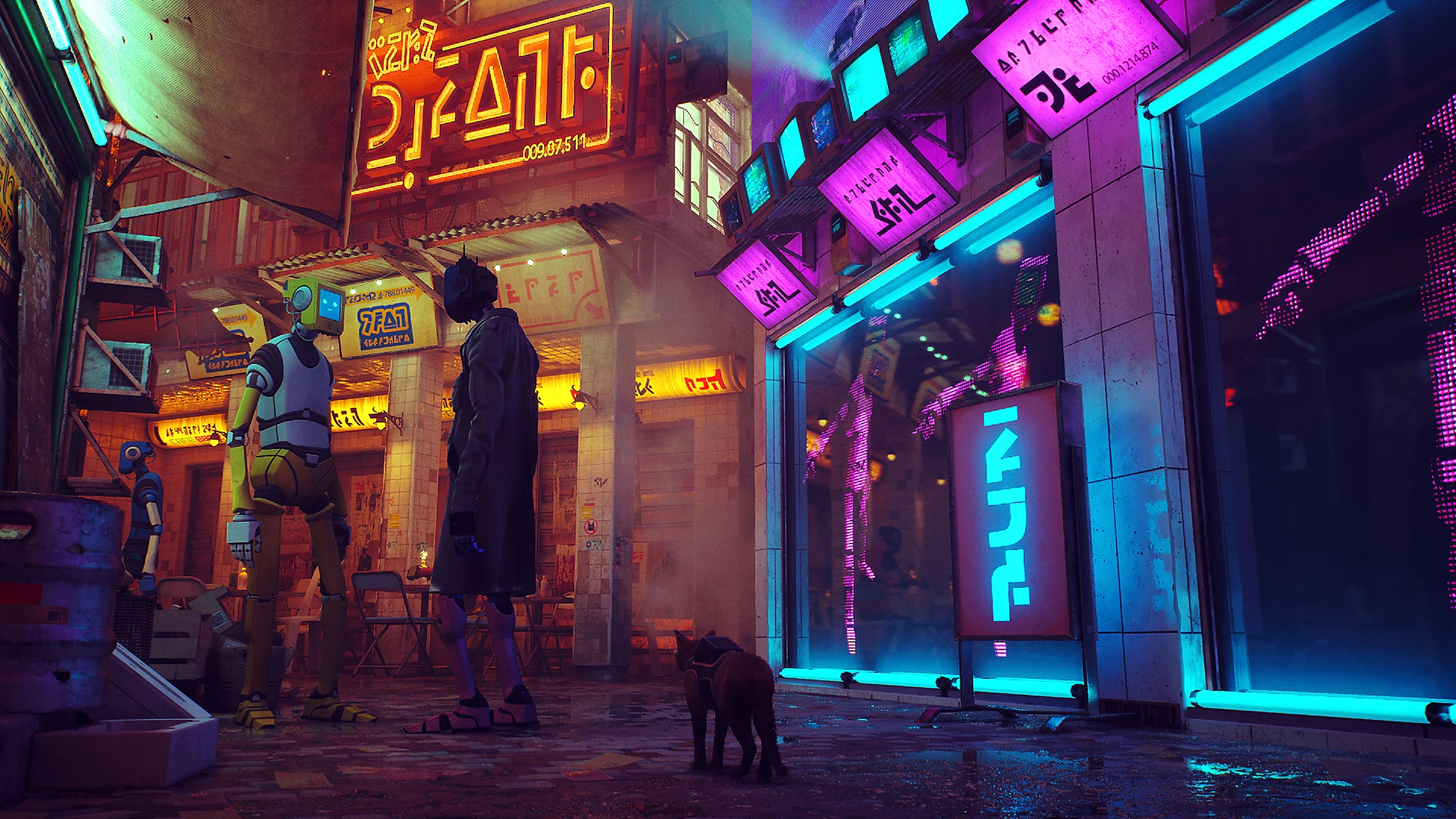 Cyberpunk-Stadtszene. Zwei Figuren stehen auf der Straße, eine Katze geht, Neon-Schilder und Gebäude im Hintergrund.