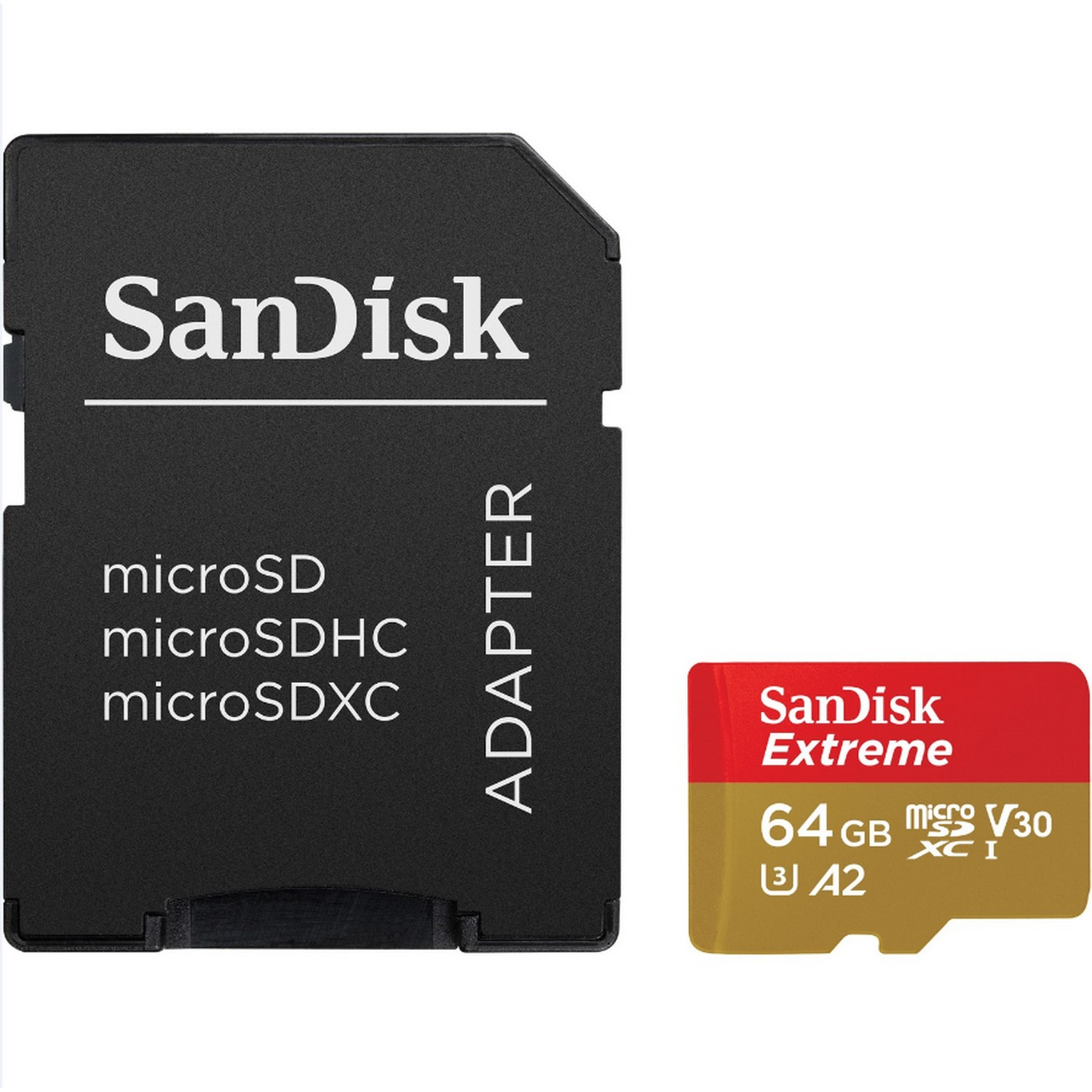 Tarjeta SD negra con adaptador y tarjeta microSD roja y amarilla. El texto dice SanDisk Extreme 64GB.