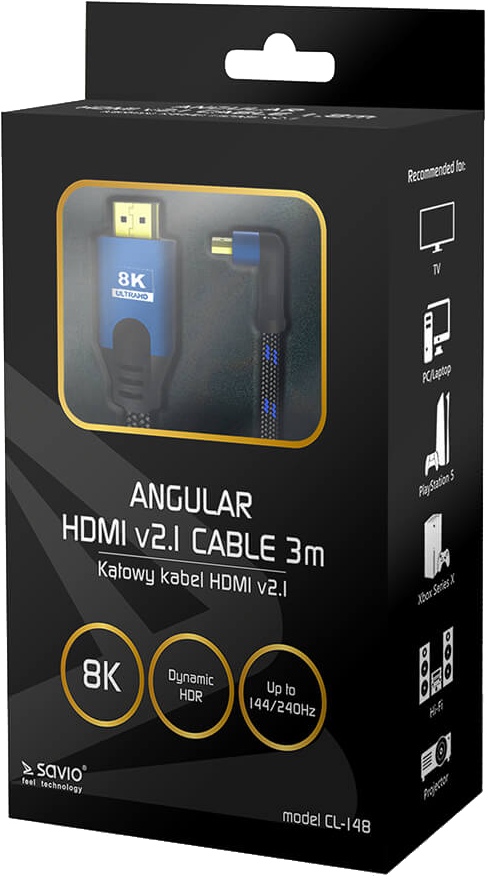 HDMI kábel doboz 8K kábel illusztrációval, kék kábellel és fekete dobozzal.