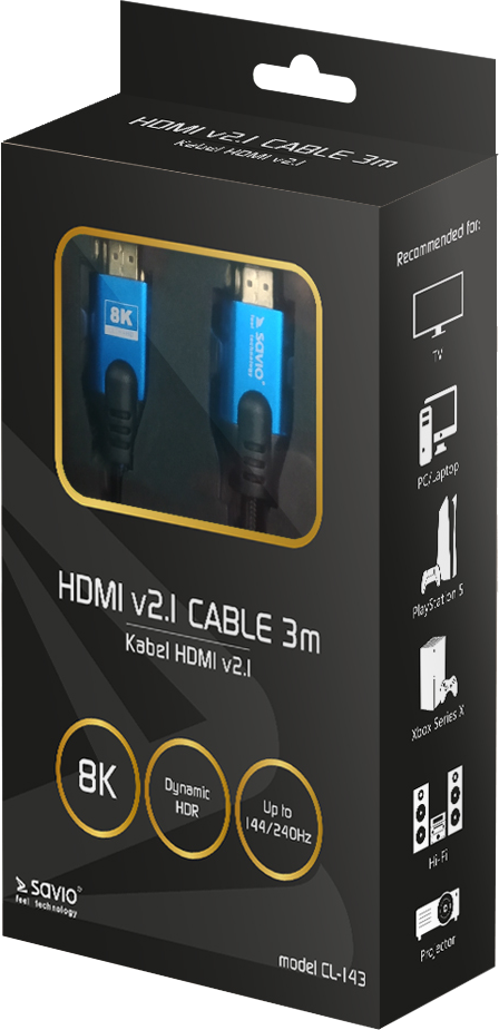 HDMI kábel doboz termék részletekkel, 8K, Dynamic HDR és egyéb specifikációkkal, sötétkék és fekete dobozban.