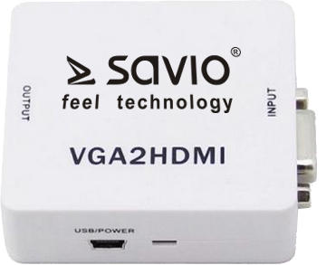 Fehér VGA2HDMI adapter 'SAVIO' logóval. Szöveg: VGA2HDMI, USB/táp bemenettel.