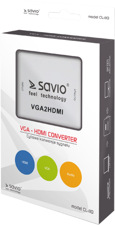 Savio VGA-HDMI átalakító doboz feliratokkal és logókkal.
