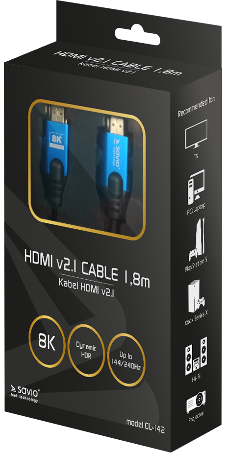 HDMI kábel doboz, fekete kék díszítésekkel. A kábel belül látható. A szöveg tartalmazza a 8K és HDMI v2.1.