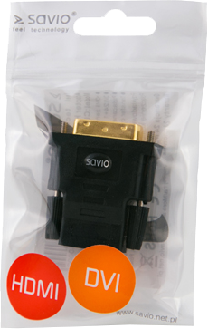 Egy Savio HDMI–DVI adapter átlátszó műanyag csomagolásban, narancssárga és piros címkékkel.