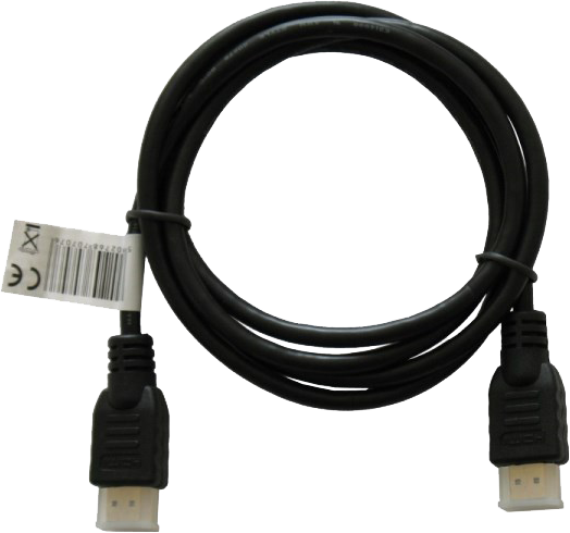 Fekete HDMI kábel csatlakozókkal, egy címkével. Fehér háttér.