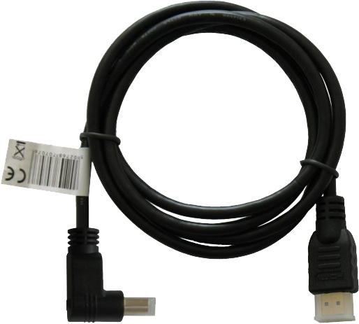 Fekete HDMI kábel, egyik vége derékszögben, fehér címkével.
