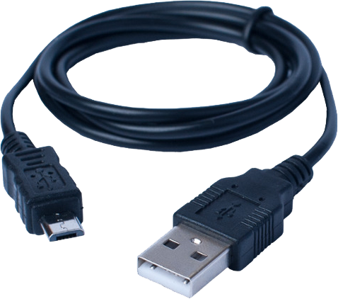 Fekete USB kábel micro-USB csatlakozóval és szabványos USB csatlakozóval.