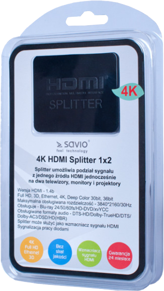 Egy 4K HDMI elosztó átlátszó műanyag csomagolásban, termékinformációkkal.