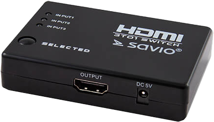 Fekete HDMI 3 az 1-hez kapcsoló bemeneti és kimeneti portokkal, valamint egy DC 5V porttal.