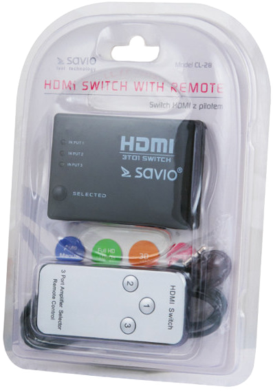 Egy átlátszó műanyag csomagolásban egy fekete HDMI kapcsoló és egy távirányító található. A csomagolás szöveget és logókat tartalmaz.