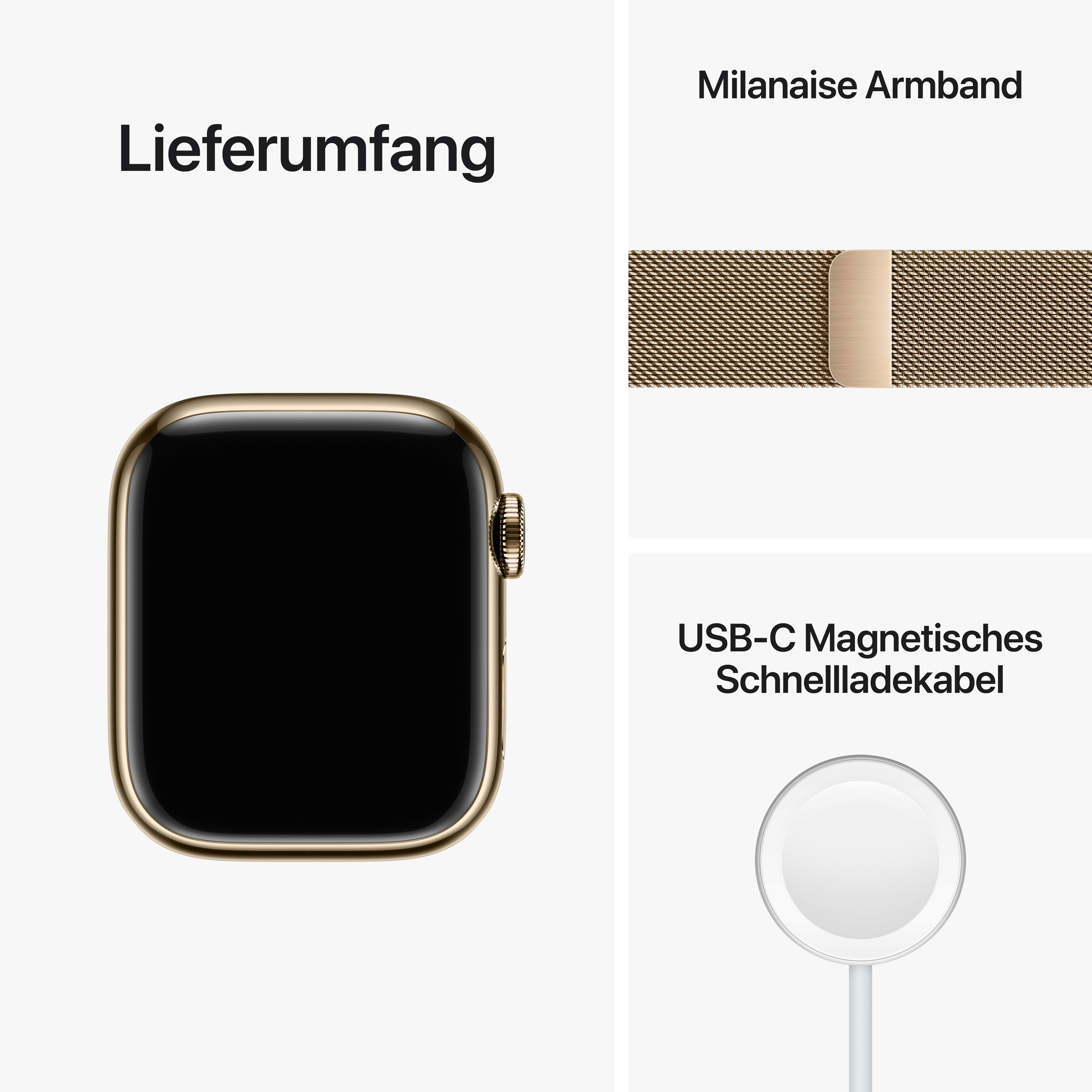 APPLE Watch Series 8 (GPS + Cellular) 45 mm Smartwatch Edelstahl Milanaise, 140 - 220 mm, Armband: Gold, Gehäuse: Gold
