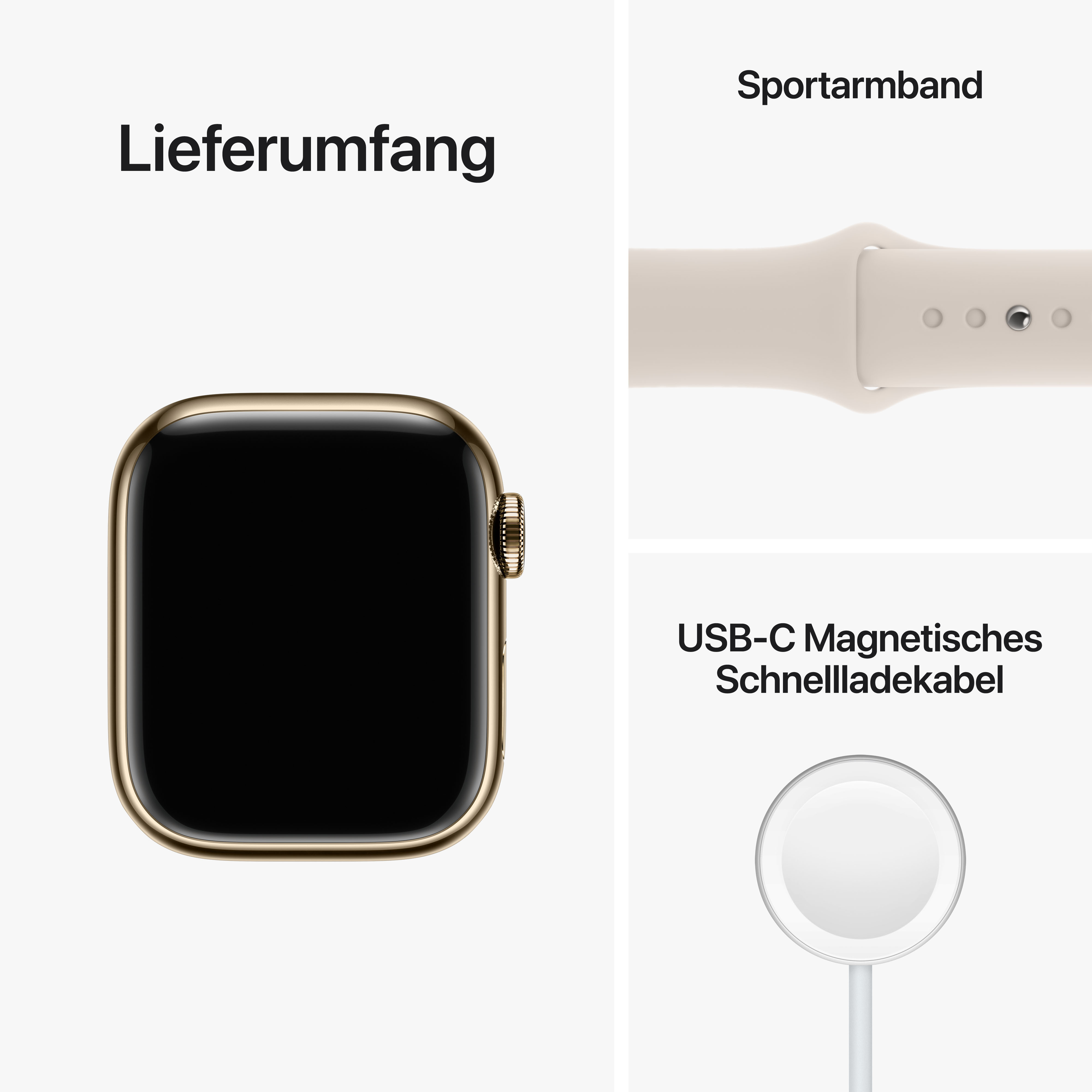 APPLE Watch Series 8 (GPS + Cellular) 41 mm Smartwatch Edelstahl Fluorelastomer, 130 - 200 mm, Armband: Polarstern, Gehäuse: Gold