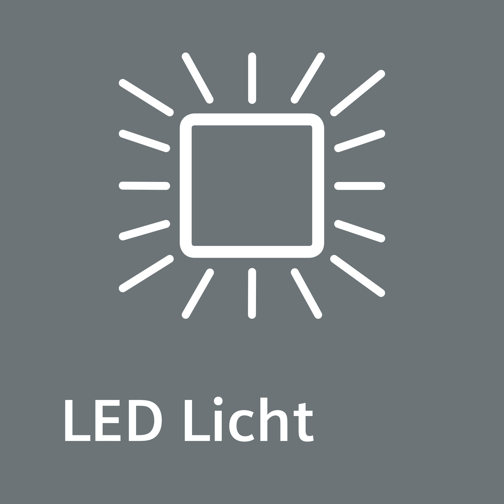 Eine weiße Umrisslinie eines Quadrats mit davon ausgehenden Linien auf grauem Hintergrund. Der Text 'LED Licht' steht darunter.