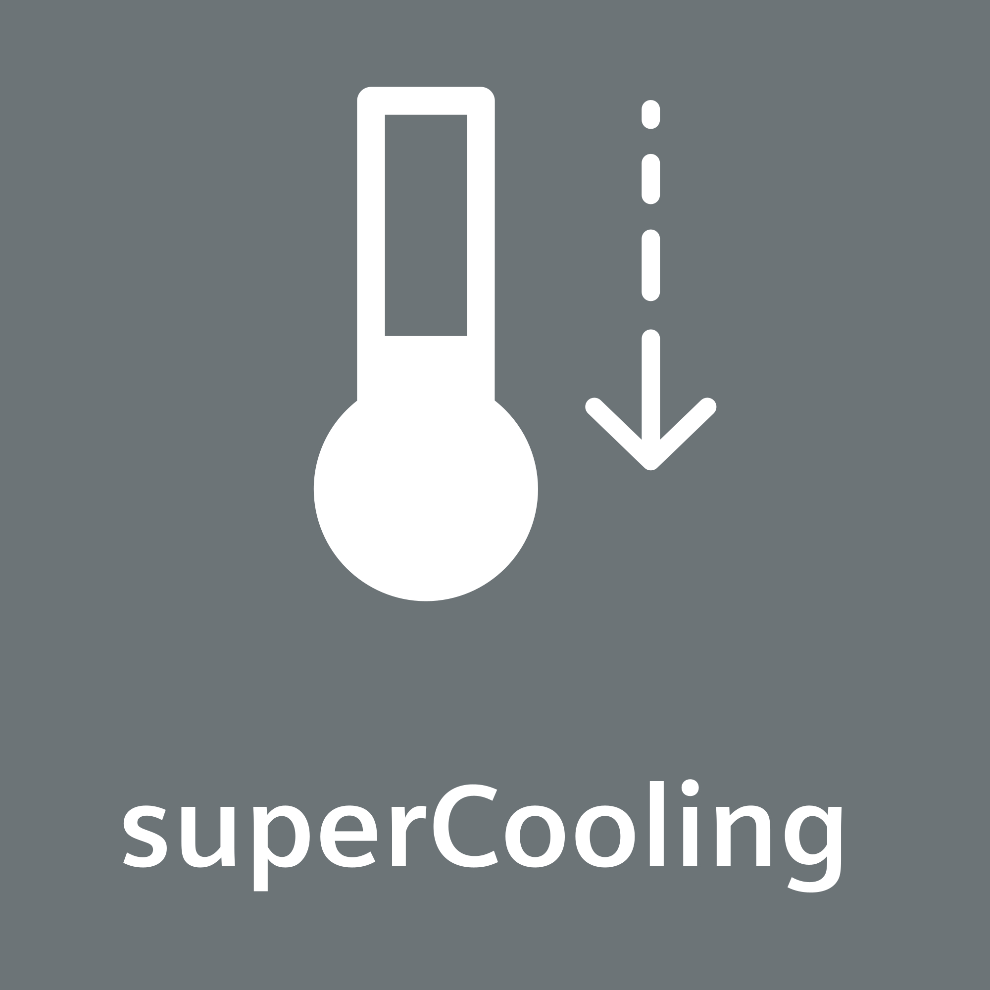 Symbol eines Thermometers mit einem Abwärtspfeil, beschriftet mit 'superCooling' in weißem Text.