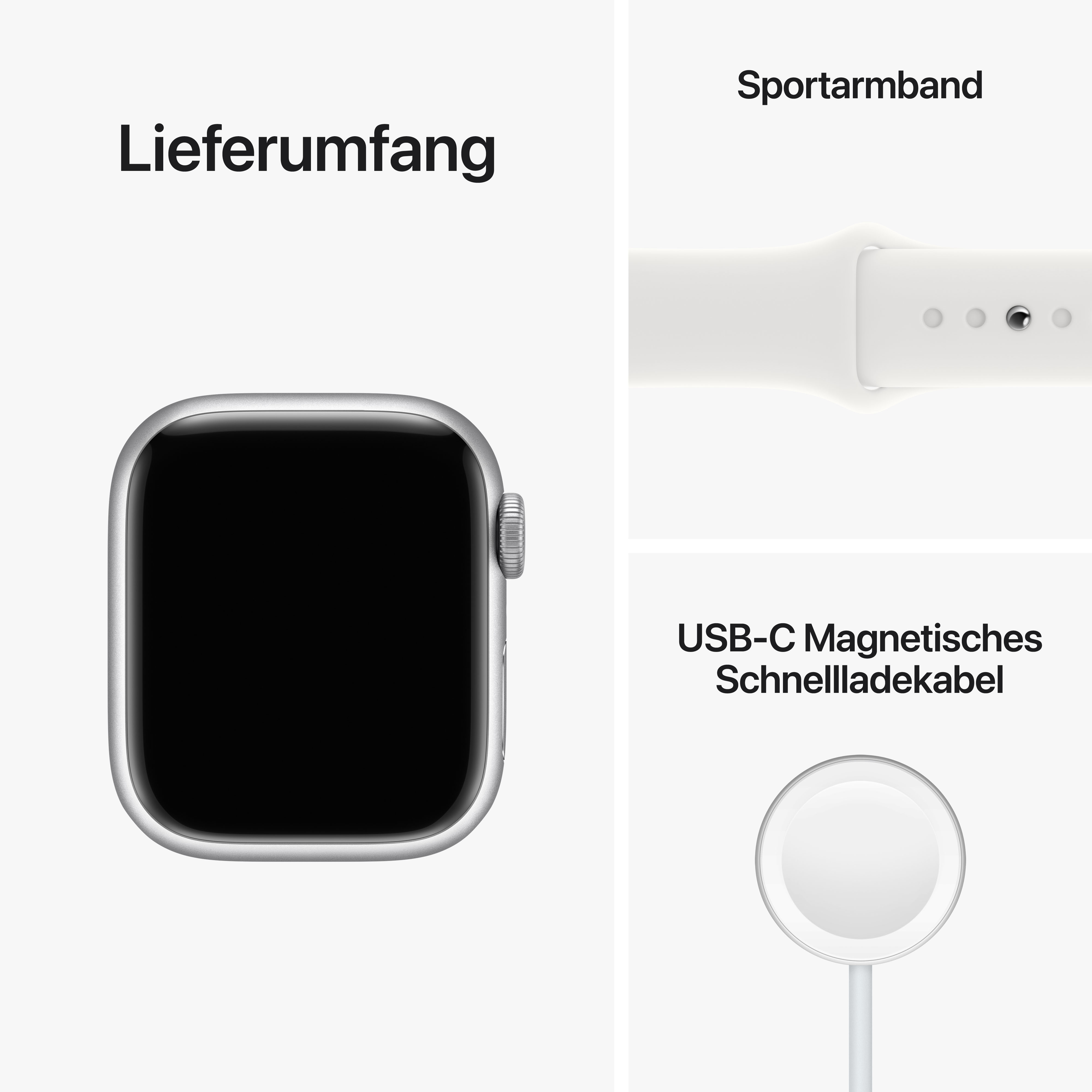 Silberne Smartwatch, weißes Band, USB-C-Ladegerät.  Labels: Lieferumfang, Sportarmband.
