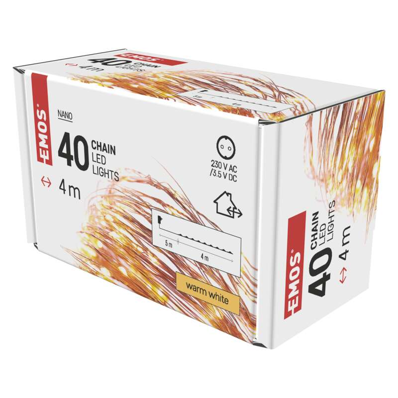 Egy doboz EMOS nano lánc LED-es lámpa, méretekkel és szöveggel.
