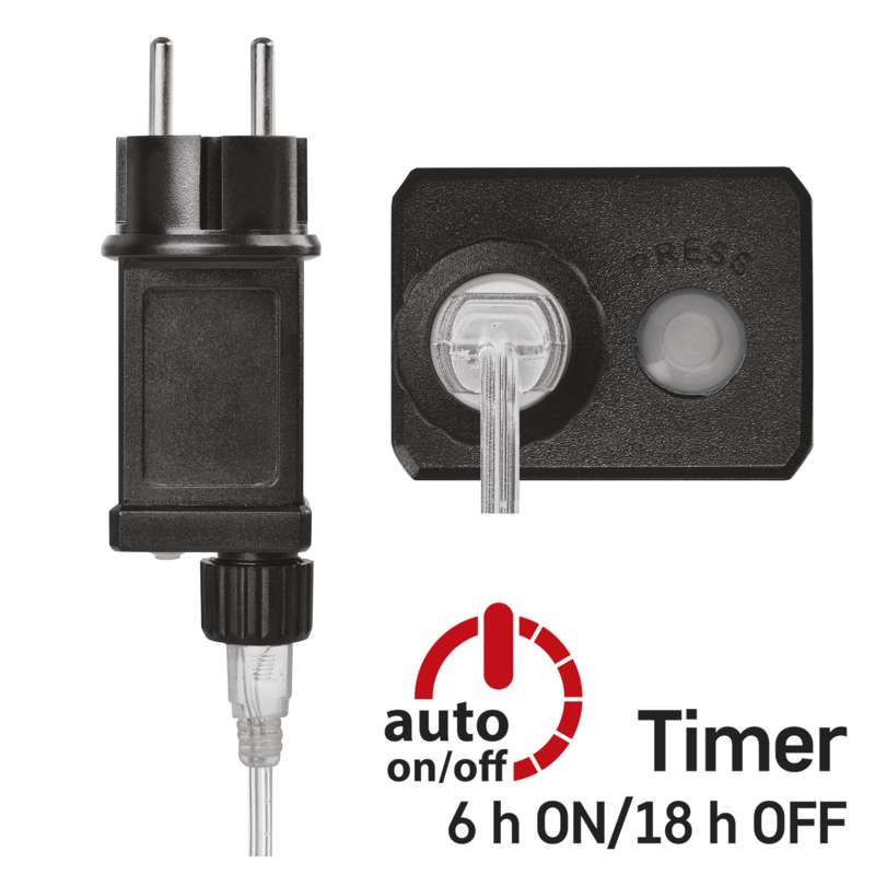 Egy fekete időzítő az 'auto on/off' és a 'Timer 6 h ON/18 h OFF' szavakkal.