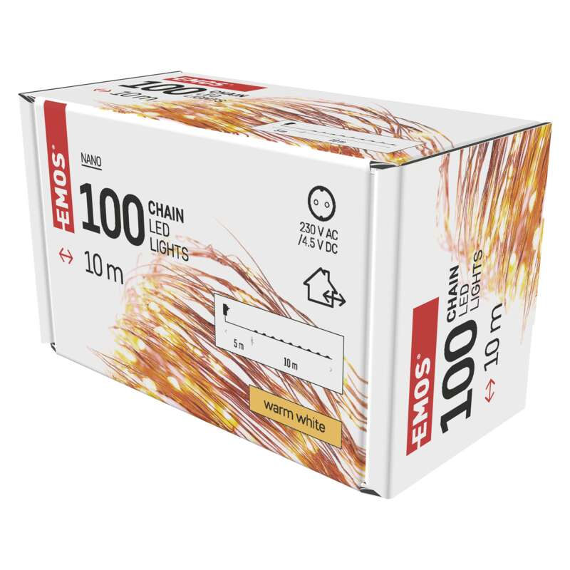 100 meleg fehér lánc LED-es lámpa doboza, termékinformációkkal és márkajelzéssel.