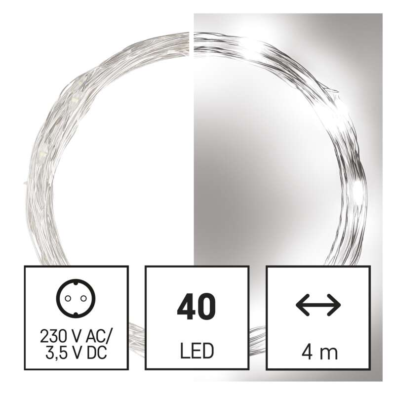 Füzérfény 40 LED-del és dugóval, specifikációkkal.