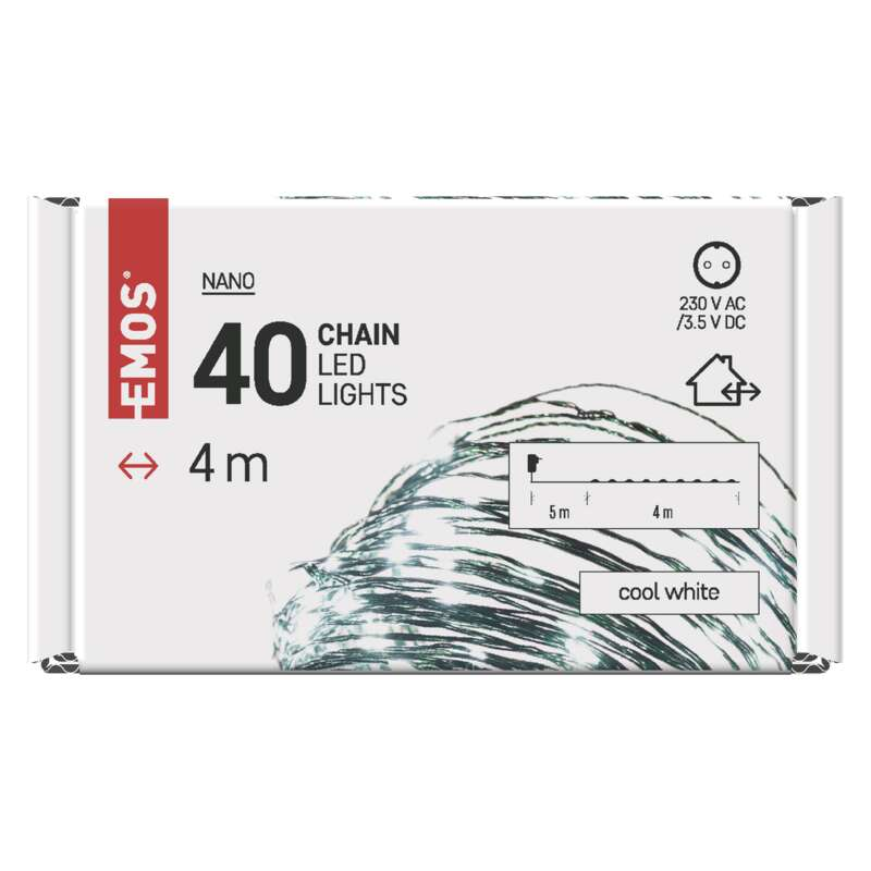 Egy fehér doboz 40 hidegfehér lánc LED-es lámpával, diagrammal, szöveggel a dobozon.