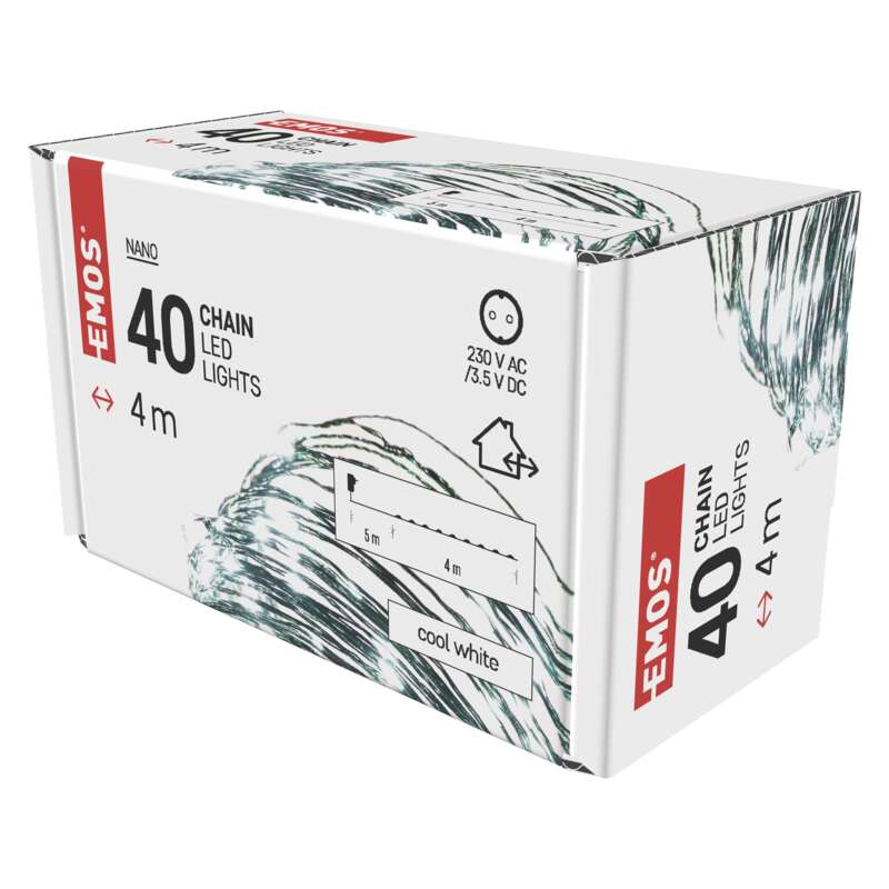 EMOS 40 LED-es füzérfény doboza, termékadatokkal és hideg fehér fénnyel.