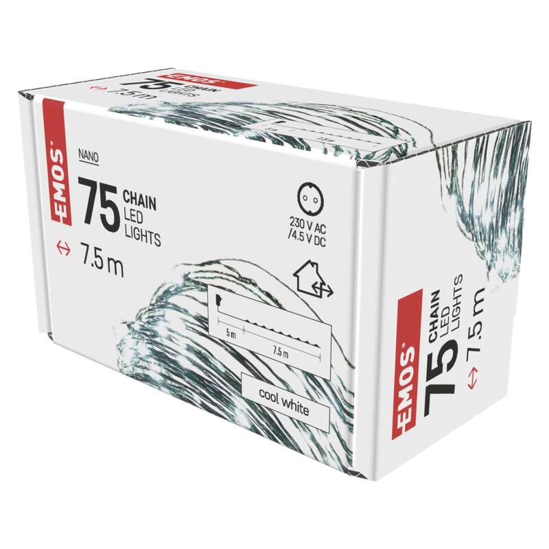 75 db hideg fehér EMOS LED-es lámpa doboza, oldalsó diagrammal.