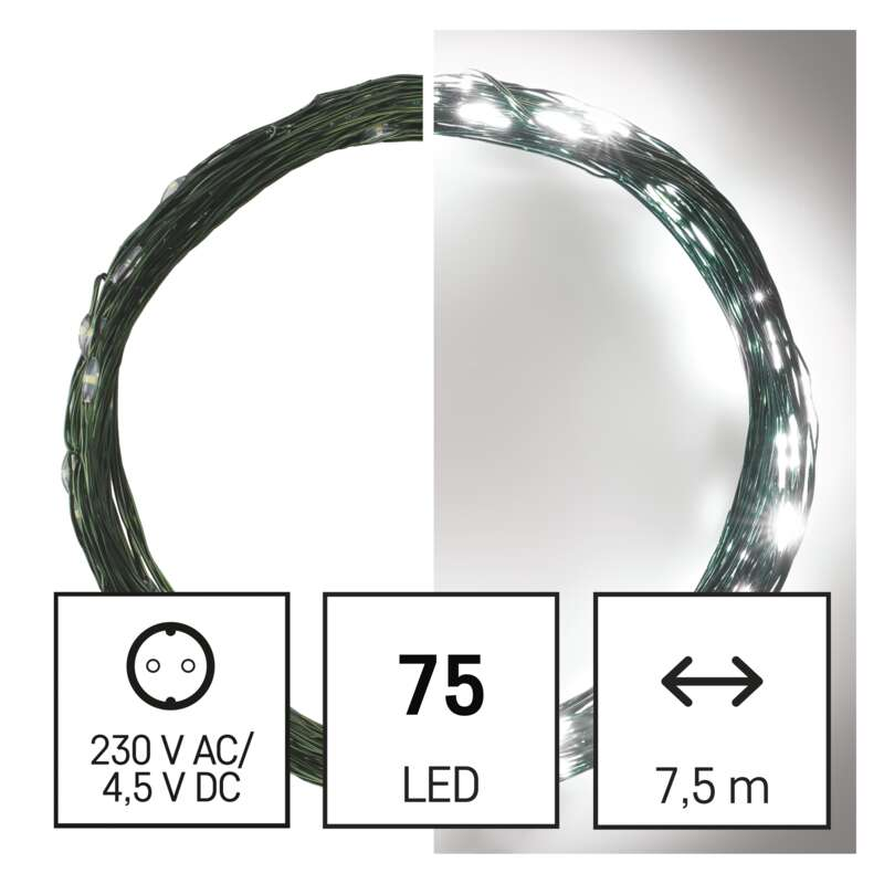Füzérfények. Zöld vezeték fehér LED-ekkel, 75 LED, 7,5 méter hosszú.