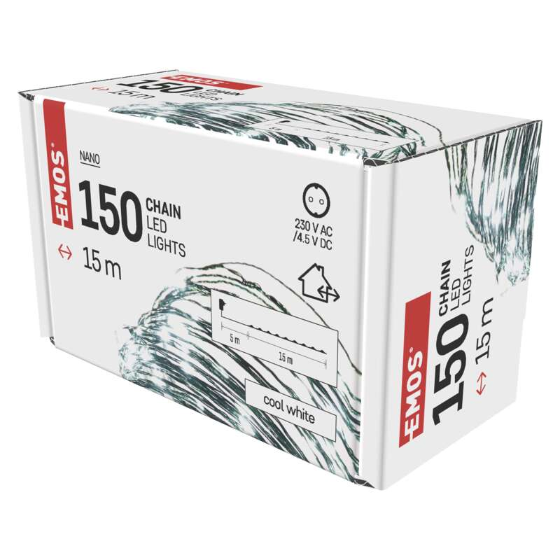 Egy fehér doboz EMOS Nano 150 LED-es füzérrel, a termék részleteivel.